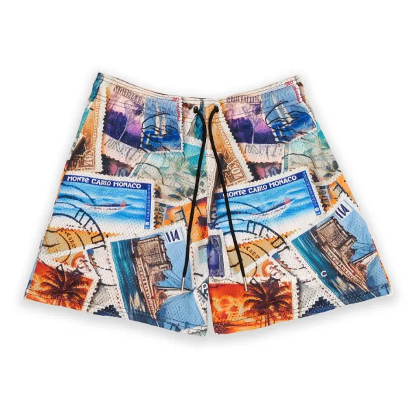 Design Stamp Collage Print Swim Trunks Multicolor Shorts - 1