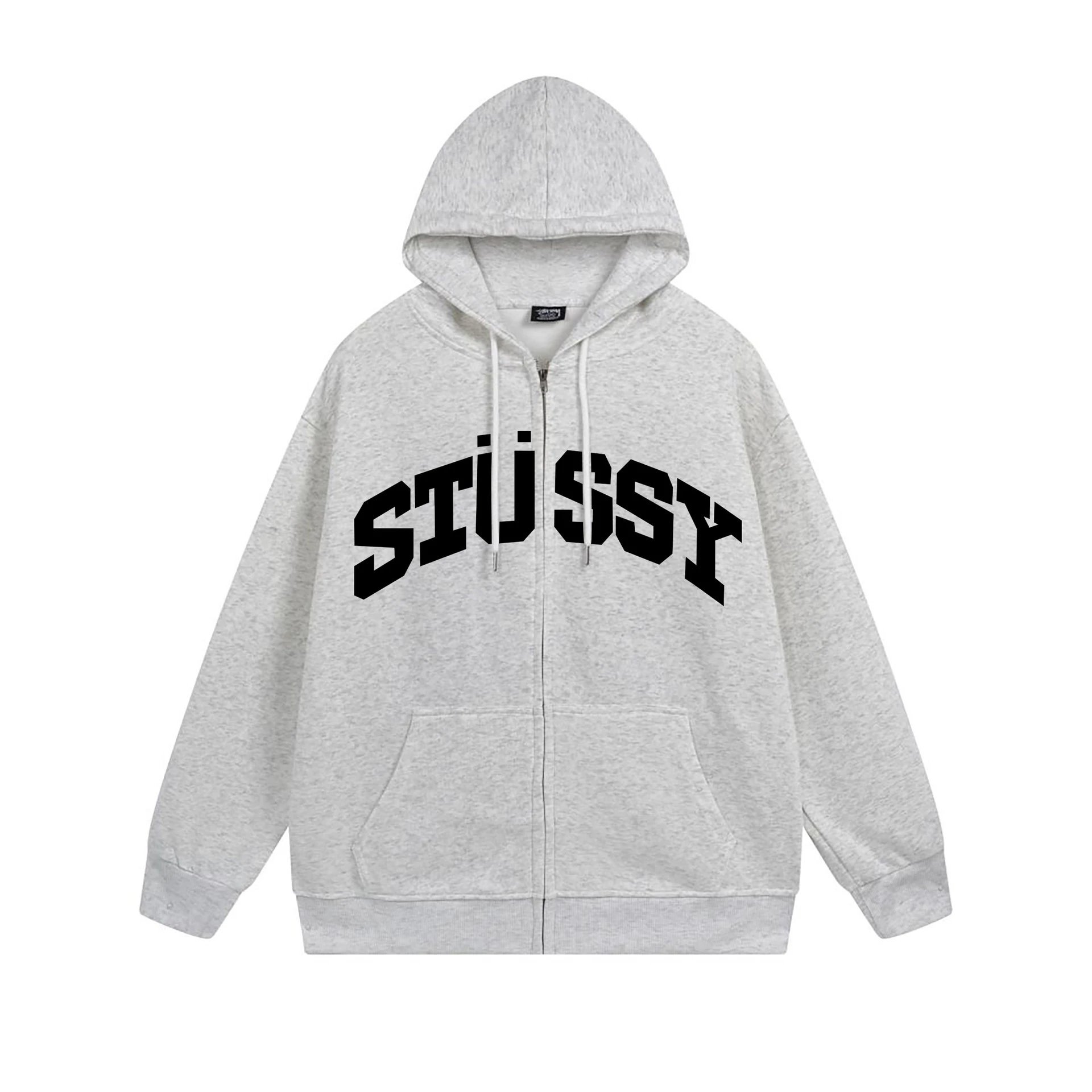 Stüssy Hoodies & Sweatshirts Zip-Up Hooded Sweatshirt with Graphic Prints — 714 Heather Gray