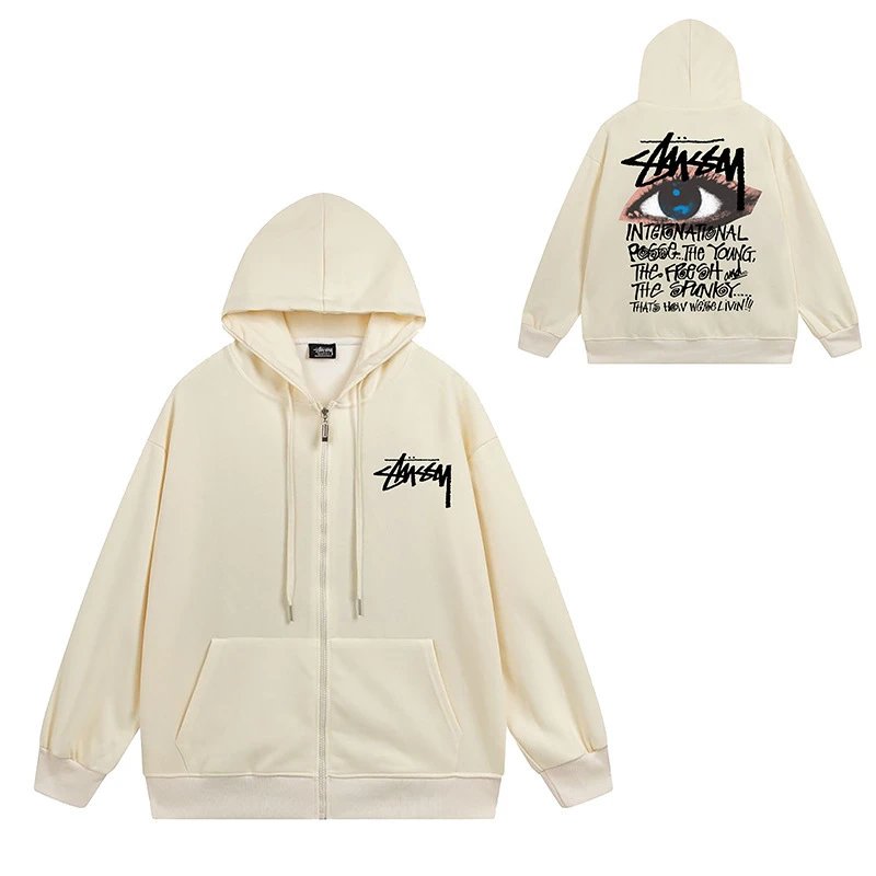 Stüssy Hoodies & Sweatshirts Zip-Up Hooded Sweatshirt with Graphic Prints — 712 Apricot Color