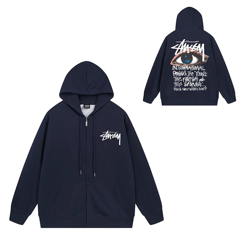 Stüssy Hoodies & Sweatshirts Zip-Up Hooded Sweatshirt with Graphic Prints — 712 navy blue