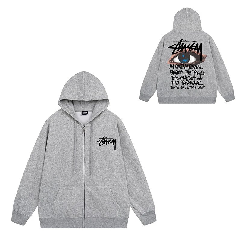 Stüssy Hoodies & Sweatshirts Zip-Up Hooded Sweatshirt with Graphic Prints — 712 Dark Gray