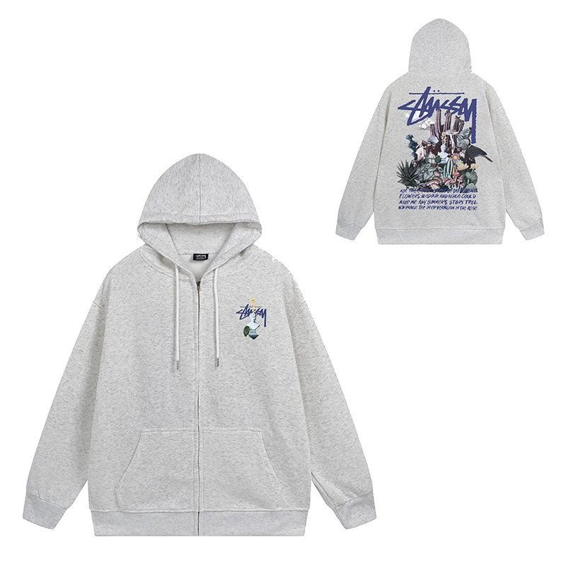 Stüssy Hoodies & Sweatshirts Zip-Up Hooded Sweatshirt with Graphic Prints — 703 Heather Gray