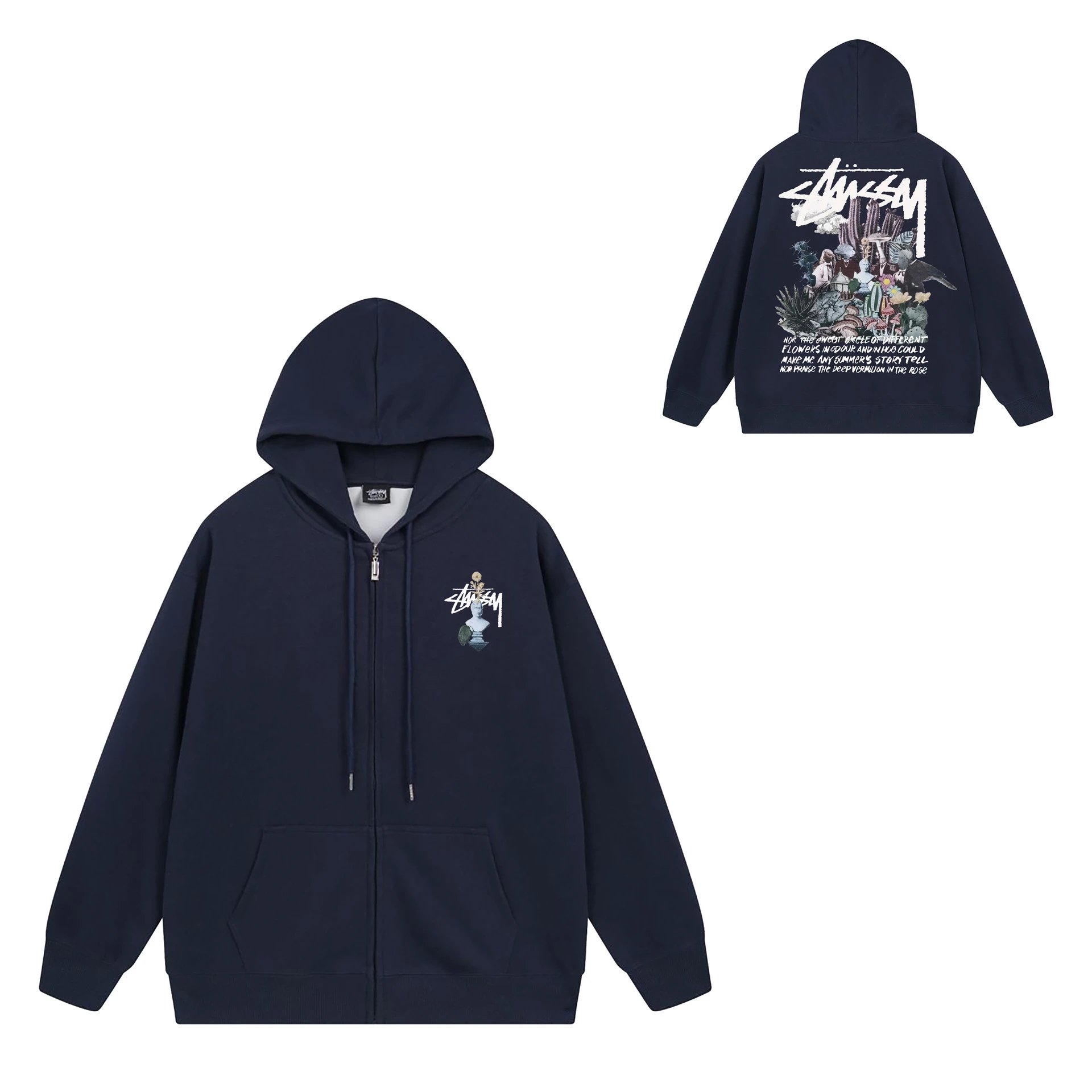 Stüssy Hoodies & Sweatshirts Zip-Up Hooded Sweatshirt with Graphic Prints — 703 navy blue