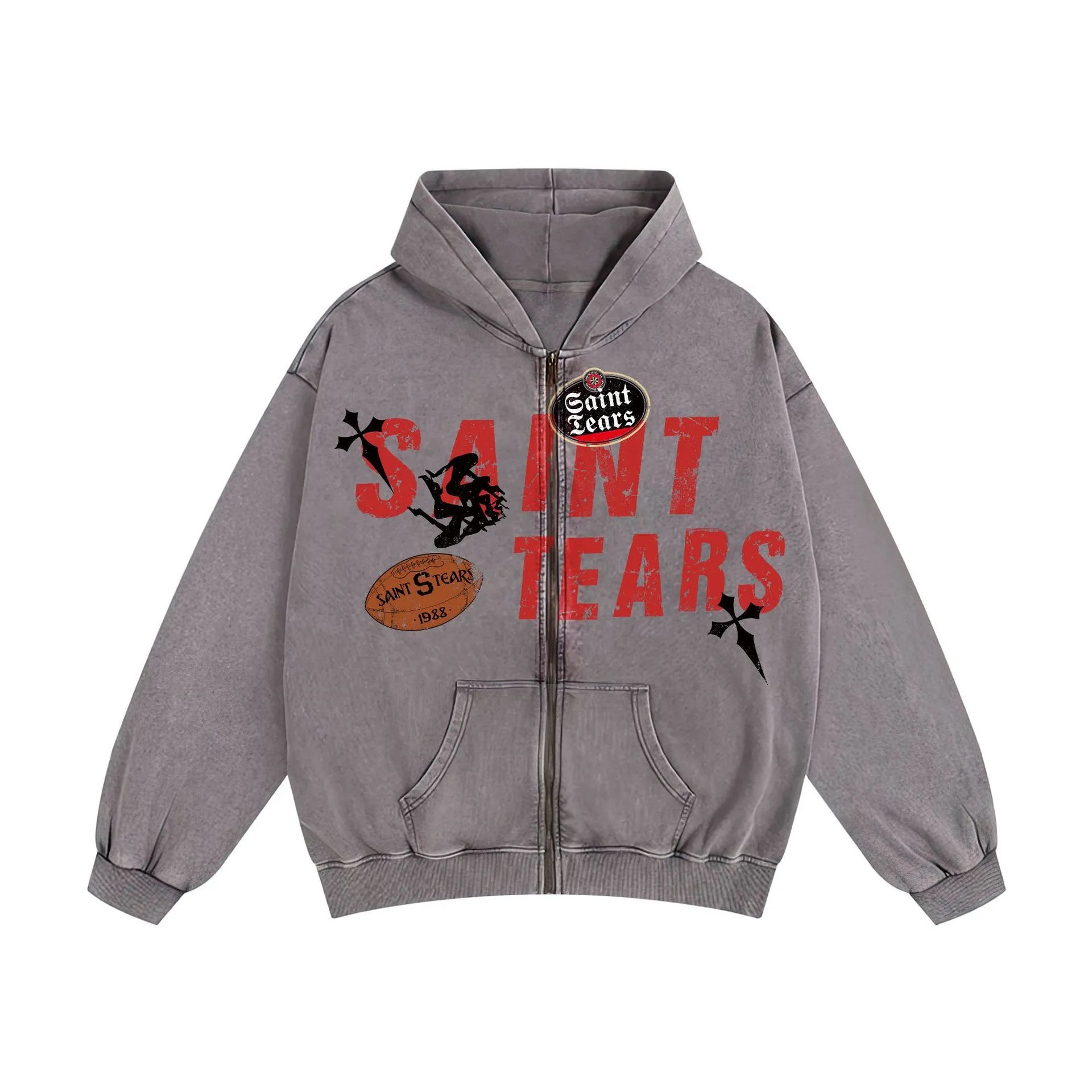 Unbranded Hoodies & Sweatshirts Washed Graphic Print Pullover Hoodie — 9038 Washed gray