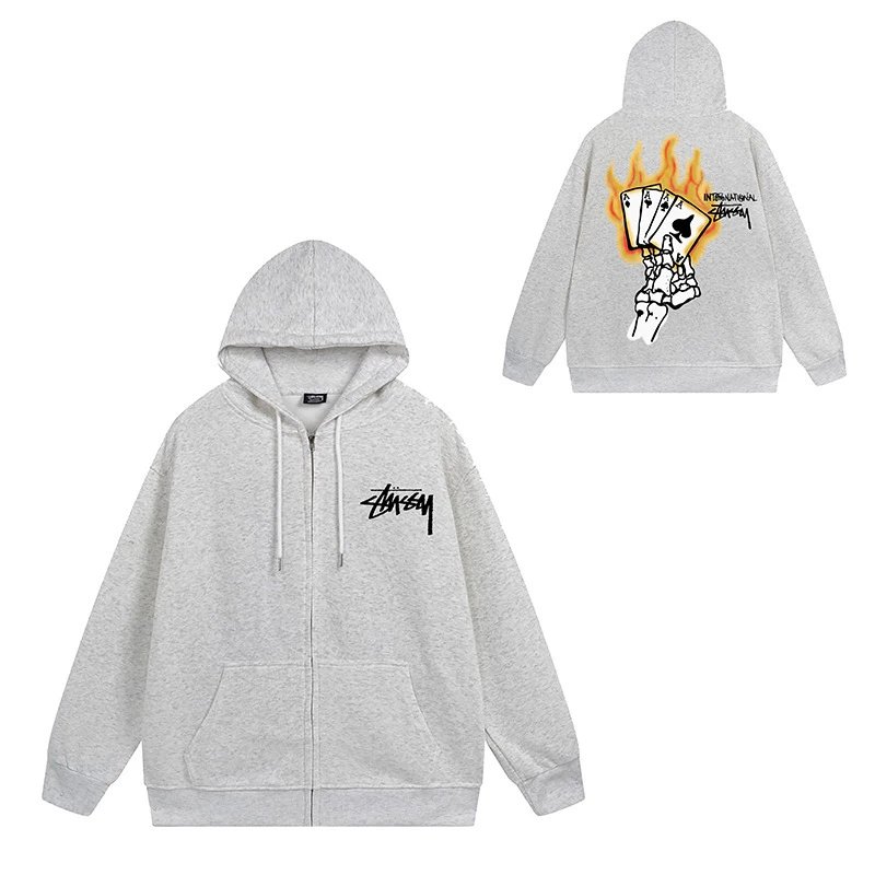 Stüssy Hoodies & Sweatshirts Zip-Up Hooded Sweatshirt with Graphic Prints — 713 Floral gray