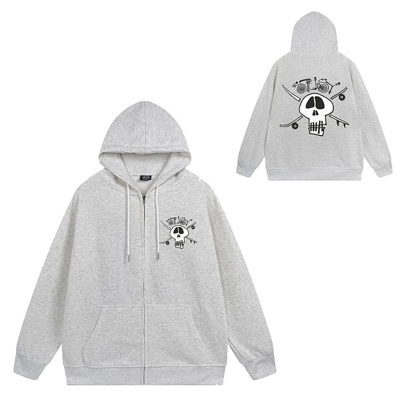 Stüssy Hoodies & Sweatshirts Zip-Up Hooded Sweatshirt with Graphic Prints — 708 Heather Gray