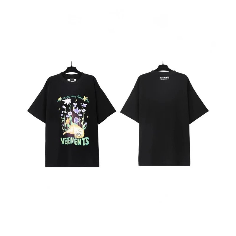 Vetements T-Shirts Graphic Print — Black Flower Cat 7017