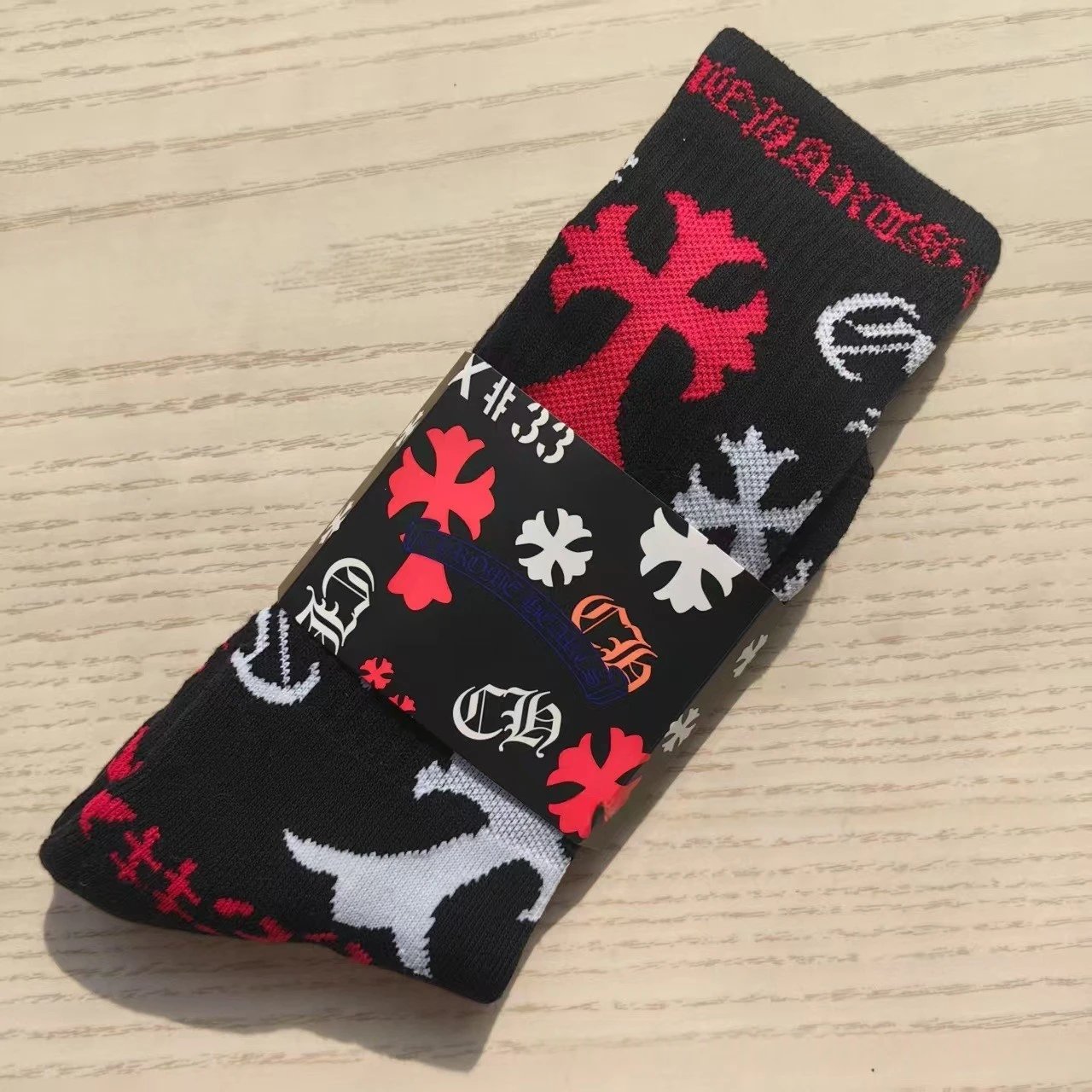 Chrome Hearts Socks Ribbed Crew with Gothic Lettering and Cross Motifs — The 17th