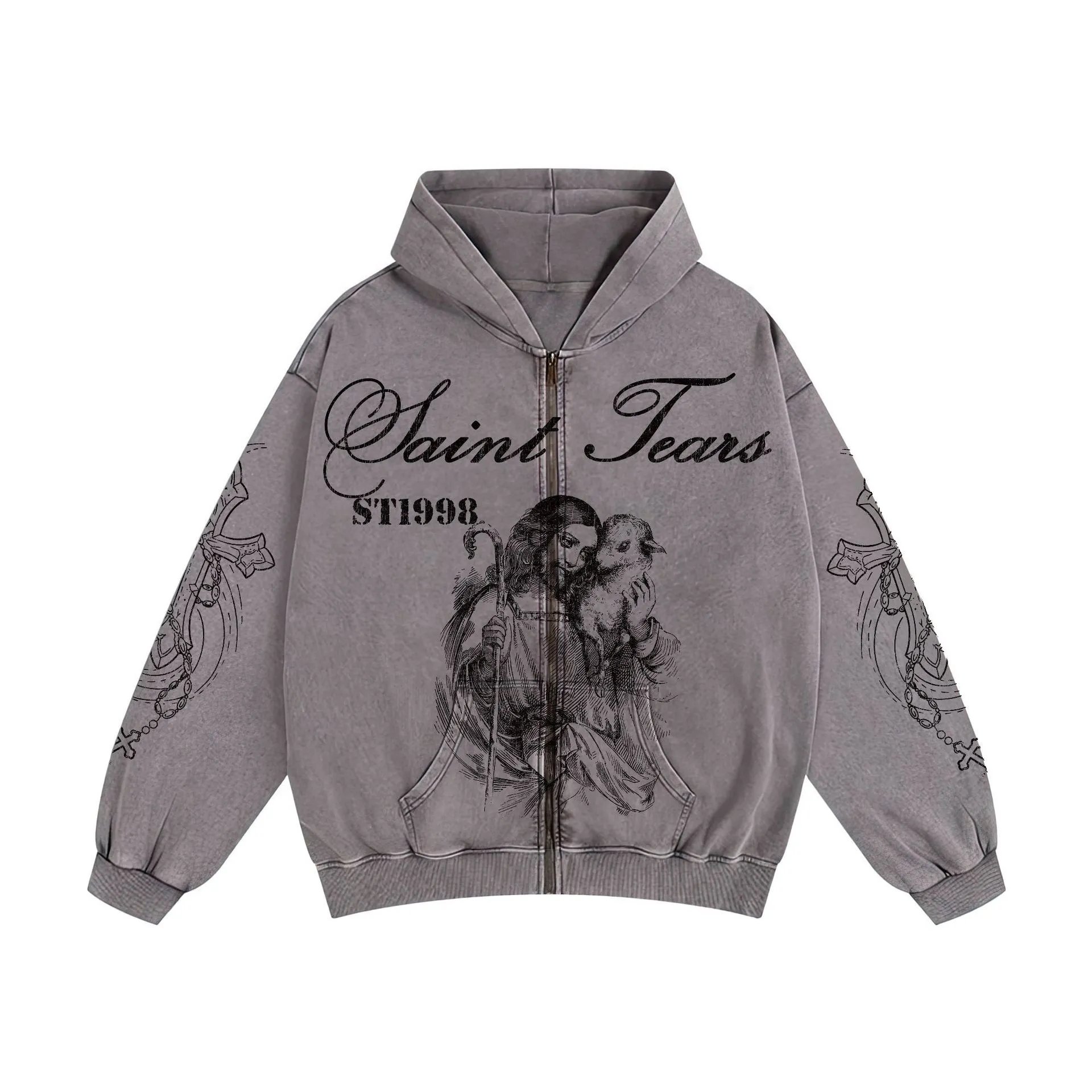Unbranded Hoodies & Sweatshirts Washed Graphic Print Pullover Hoodie — 9032 Washed gray