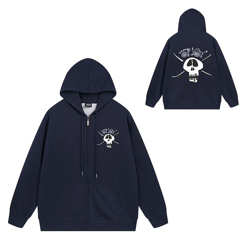 Stüssy Hoodies & Sweatshirts Zip-Up Hooded Sweatshirt with Graphic Prints — 708 Navy Blue
