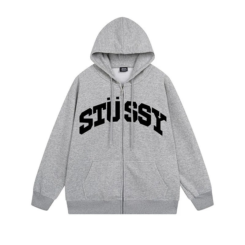 Stüssy Hoodies & Sweatshirts Zip-Up Hooded Sweatshirt with Graphic Prints — 714 Dark Gray