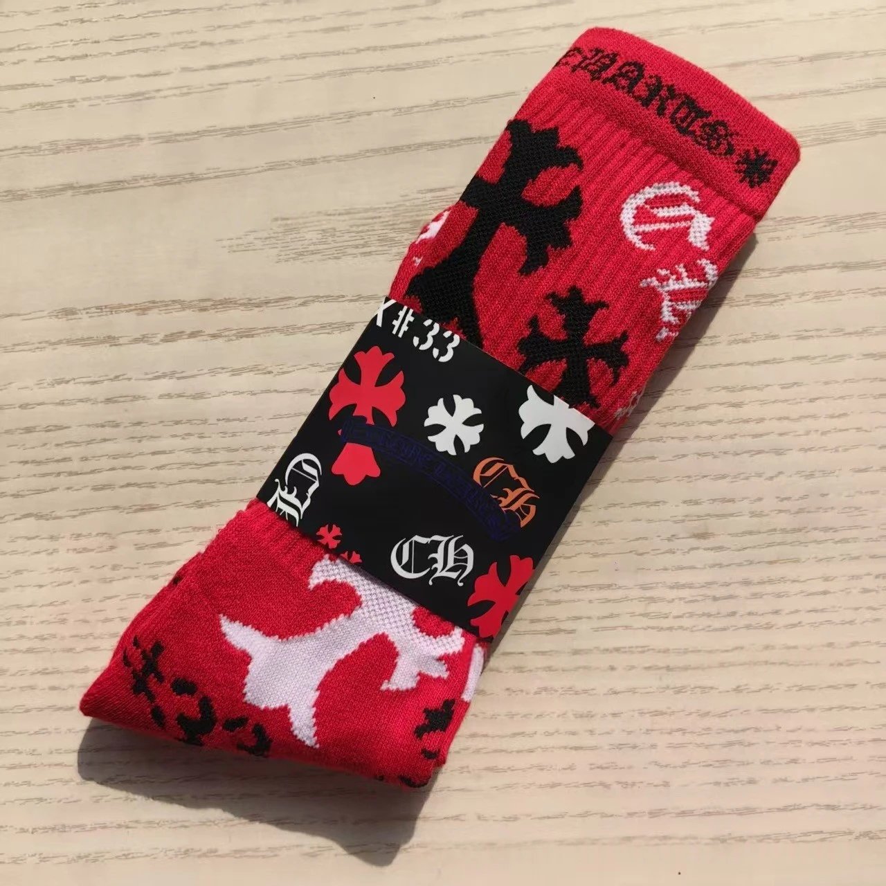 Chrome Hearts Socks Ribbed Crew with Gothic Lettering and Cross Motifs — The 15th