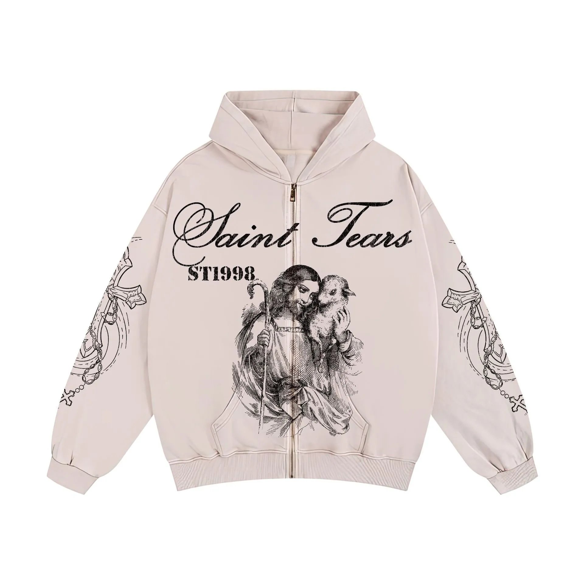 Unbranded Hoodies & Sweatshirts Washed Graphic Print Pullover Hoodie — 9033 Washed apricot