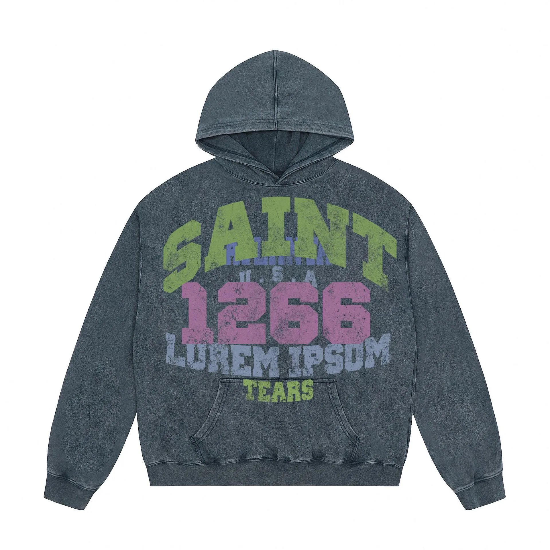 Unbranded Hoodies & Sweatshirts Washed Graphic Print Pullover Hoodie — 156 Washed blue