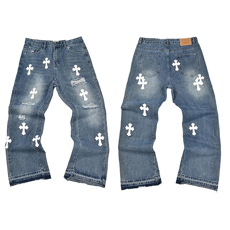 Unbranded Jeans Wide-leg distressed patchwork — 4155 blue