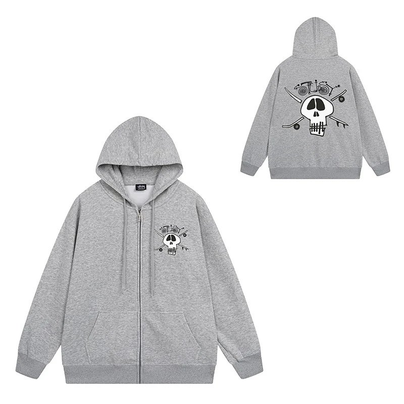Stüssy Hoodies & Sweatshirts Zip-Up Hooded Sweatshirt with Graphic Prints — 708 Dark Gray