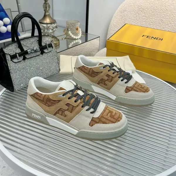 Fendi FF Logo Print Sneakers Beige and White - 1