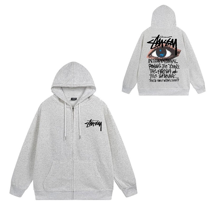 Stüssy Hoodies & Sweatshirts Zip-Up Hooded Sweatshirt with Graphic Prints — 712 Floral gray