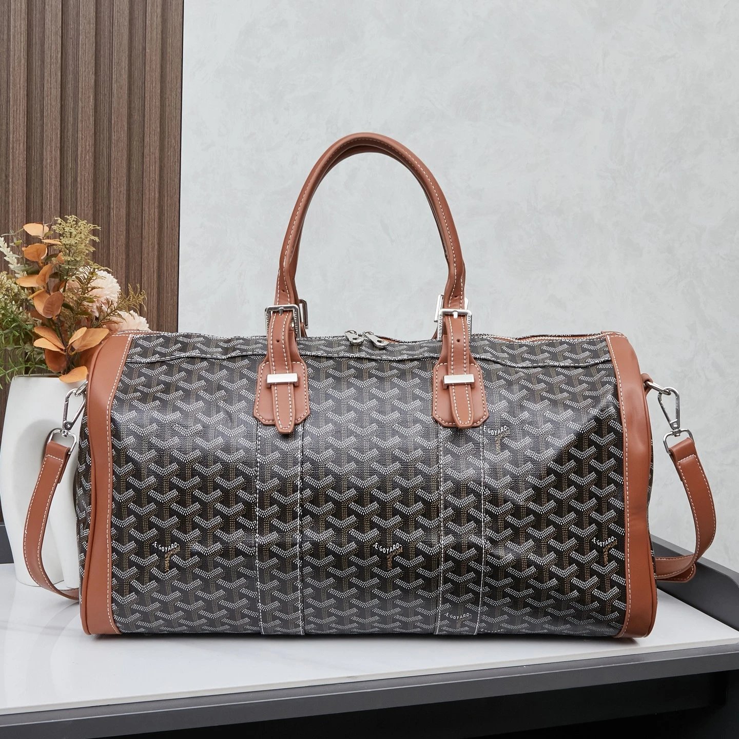 Goyard Backpacks Chevron-pattern flap backpack with top handle — Luggage Bag Brown 46*23*22 CM