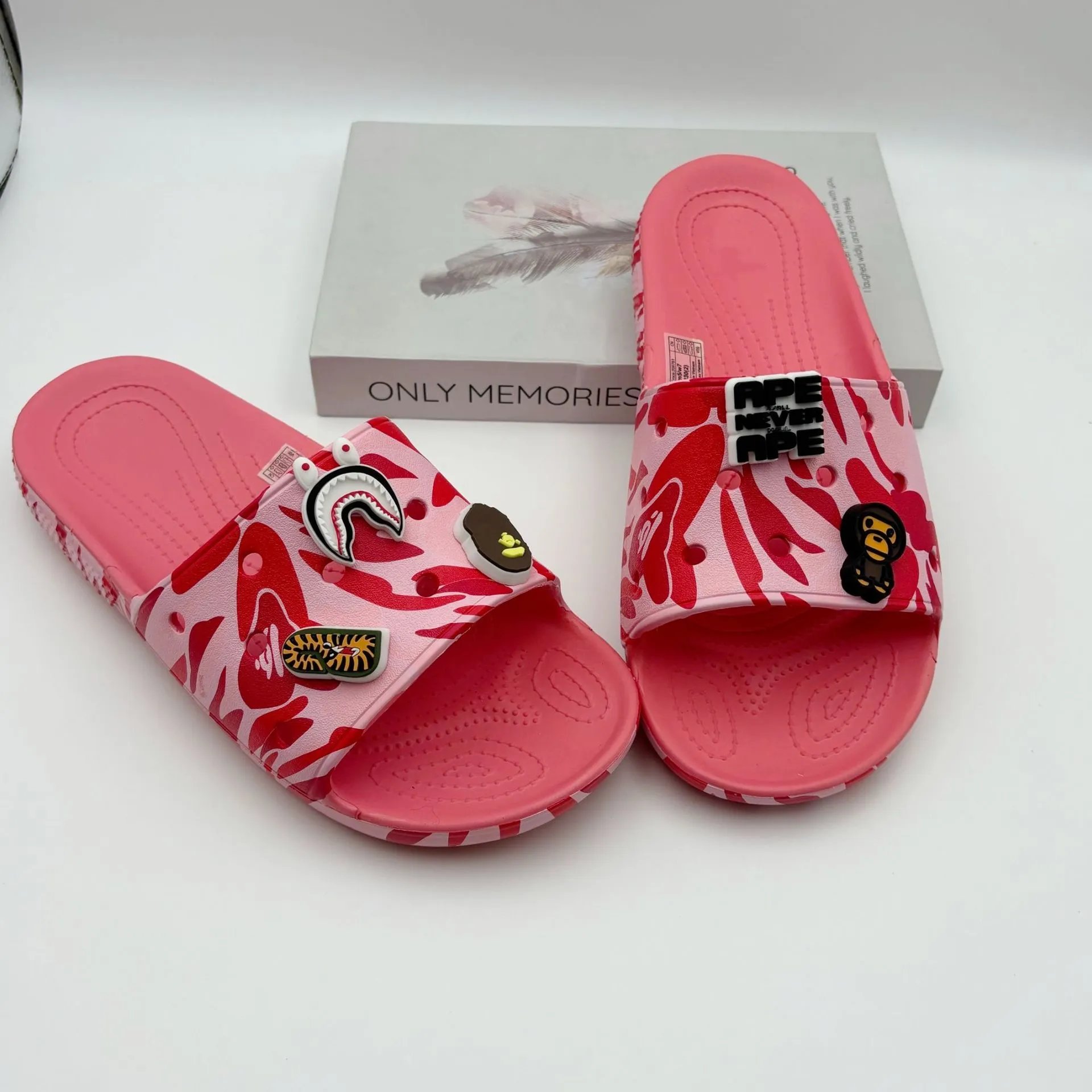 BAPE Slippers Camouflage Slide Sandals with Graphic Charms — Camouflage ape watermelon red-bag