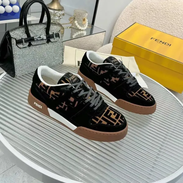 Fendi FF Logo Velvet Sneakers Black Beige Brown - 1