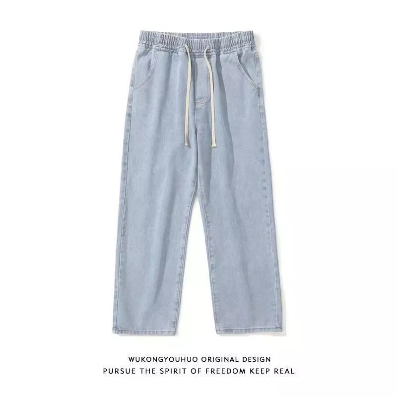 Design Wukongyouhuo Drawstring Waist Denim Jogger Pants Blue Jeans - 5