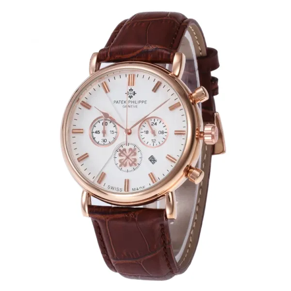 Patek Philippe Chronograph Rose Gold White Dial Brown Leather Watch Watches - 1
