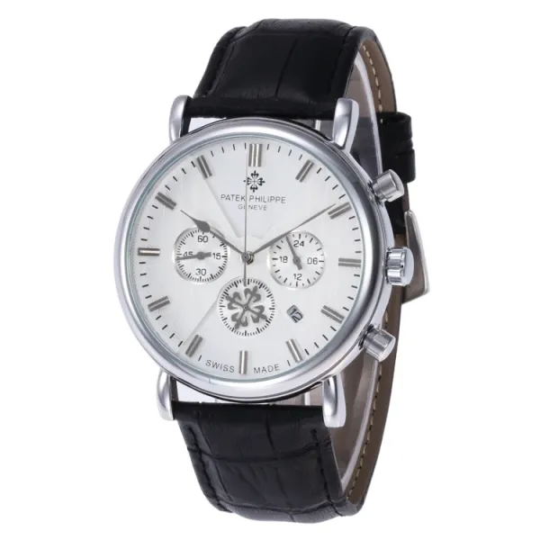 Patek Philippe Chronograph White Dial Black Leather Strap Watch Watches - 1