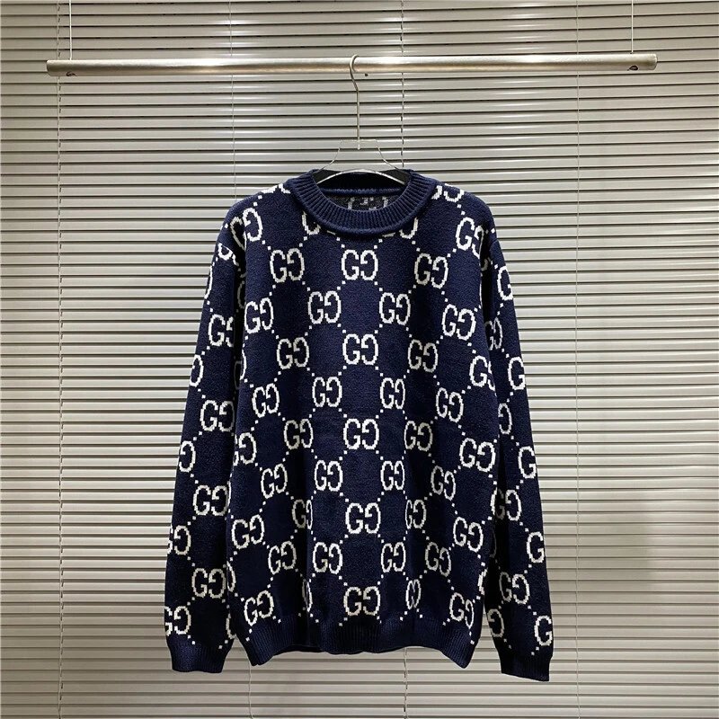 Gucci GG Logo Jacquard Crewneck Sweater Navy