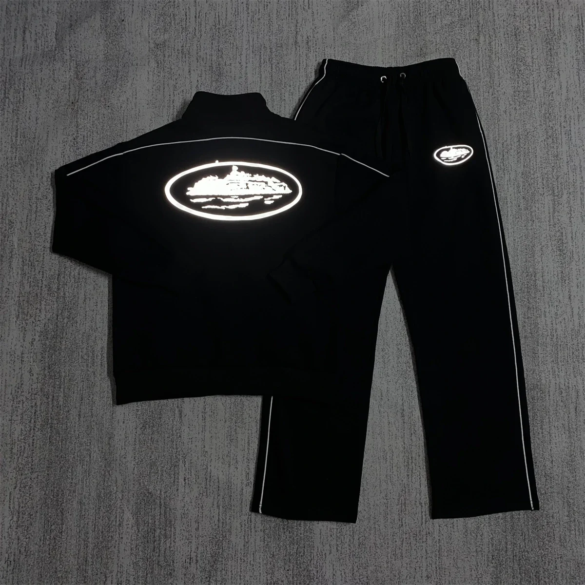 Corteiz 3M Tracksuit [Black with Reflective Logo & Side Stripes]