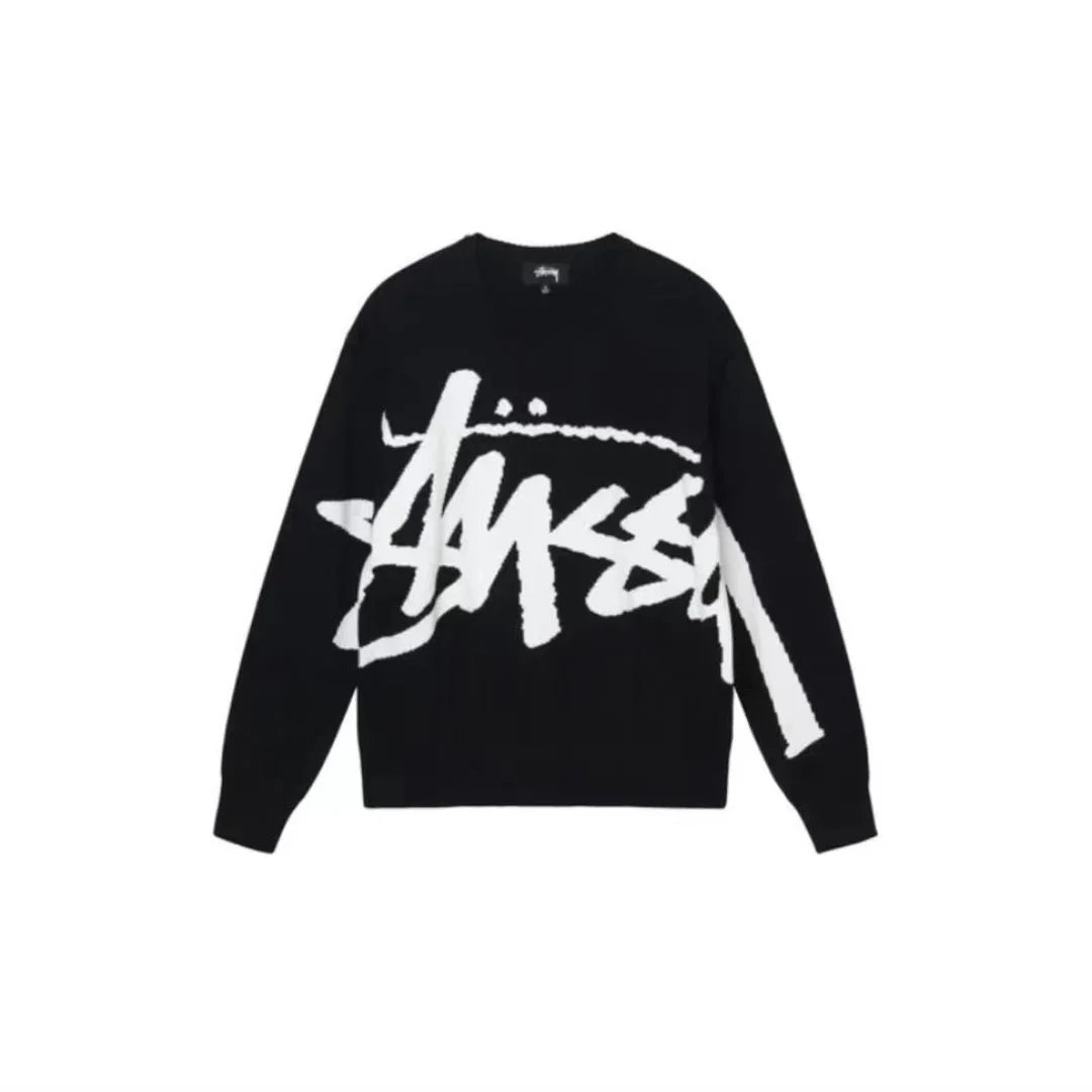 Stucy retro American logo jacquard loose fitting pullover round neck silhouette knitted sweater