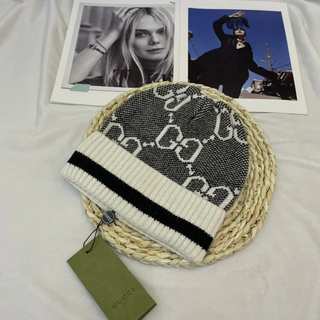 Gucci Hats GG monogram knit beanie with striped ribbed cuff product detail image 4