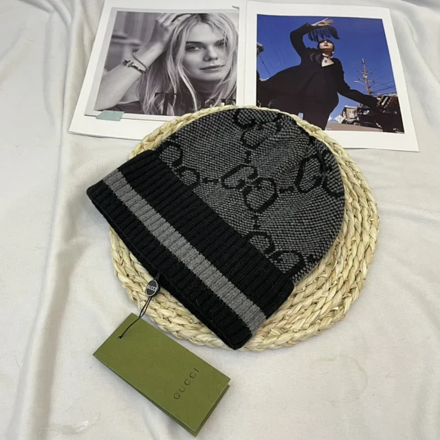 Gucci Hats GG monogram knit beanie with striped ribbed cuff product detail image 3