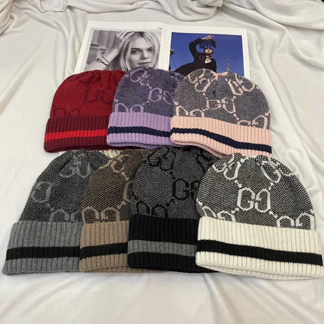 Gucci Hats GG monogram knit beanie with striped ribbed cuff product detail image 2