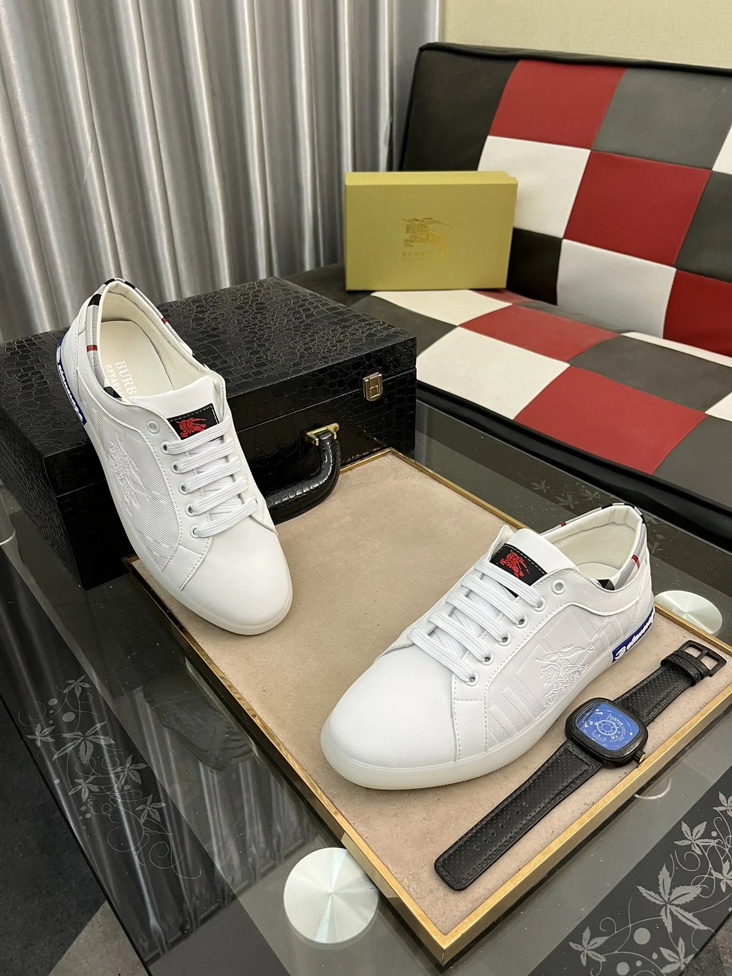 Burberry Check Print Leather-Trimmed Sneakers Beige Multicolor - 6