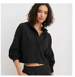 Design Black Cropped Half-Zip Pullover Top Tops - 1