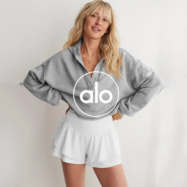 Alo Half-Zip Hoodie Gray and White Ruffle Shorts Set Activewear - 1