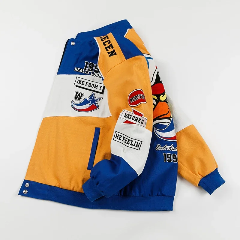 color block patchwork racing varsity jacket