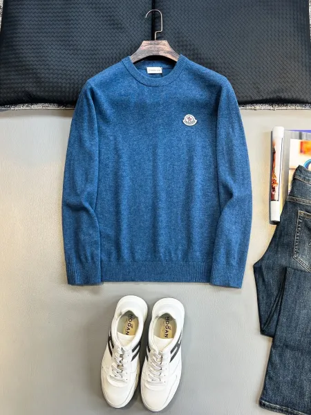 Moncler Logo Embroidered Blue Crewneck Sweater - 1