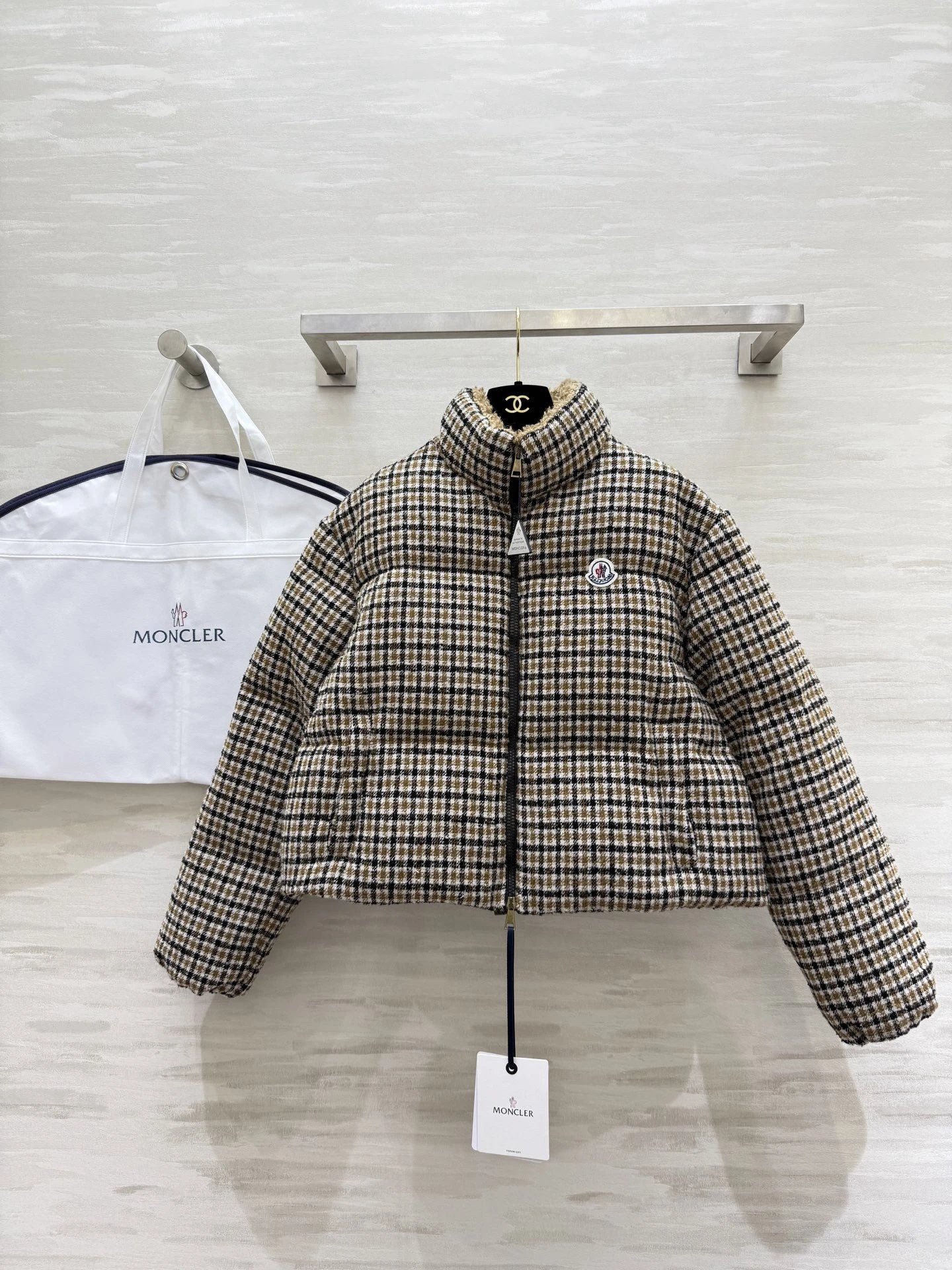 Moncler Beige Plaid Puffer Jacket