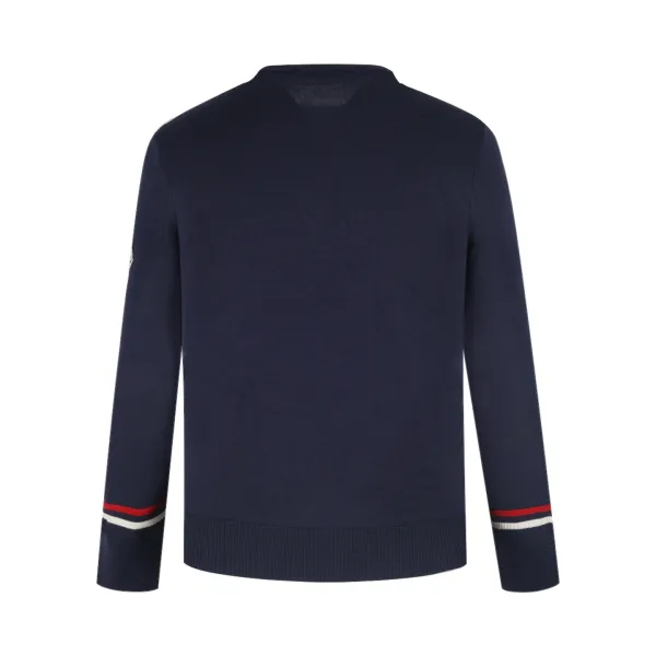 Moncler Grenoble Navy Knit Sweater with Red-White Cuff Stripes - 1