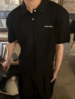 thumbnail for Spot NPclub Independent MIU Miu SS24 Embroidered LOGO Black Short Sleeve Polo Men's and Women's Same Style