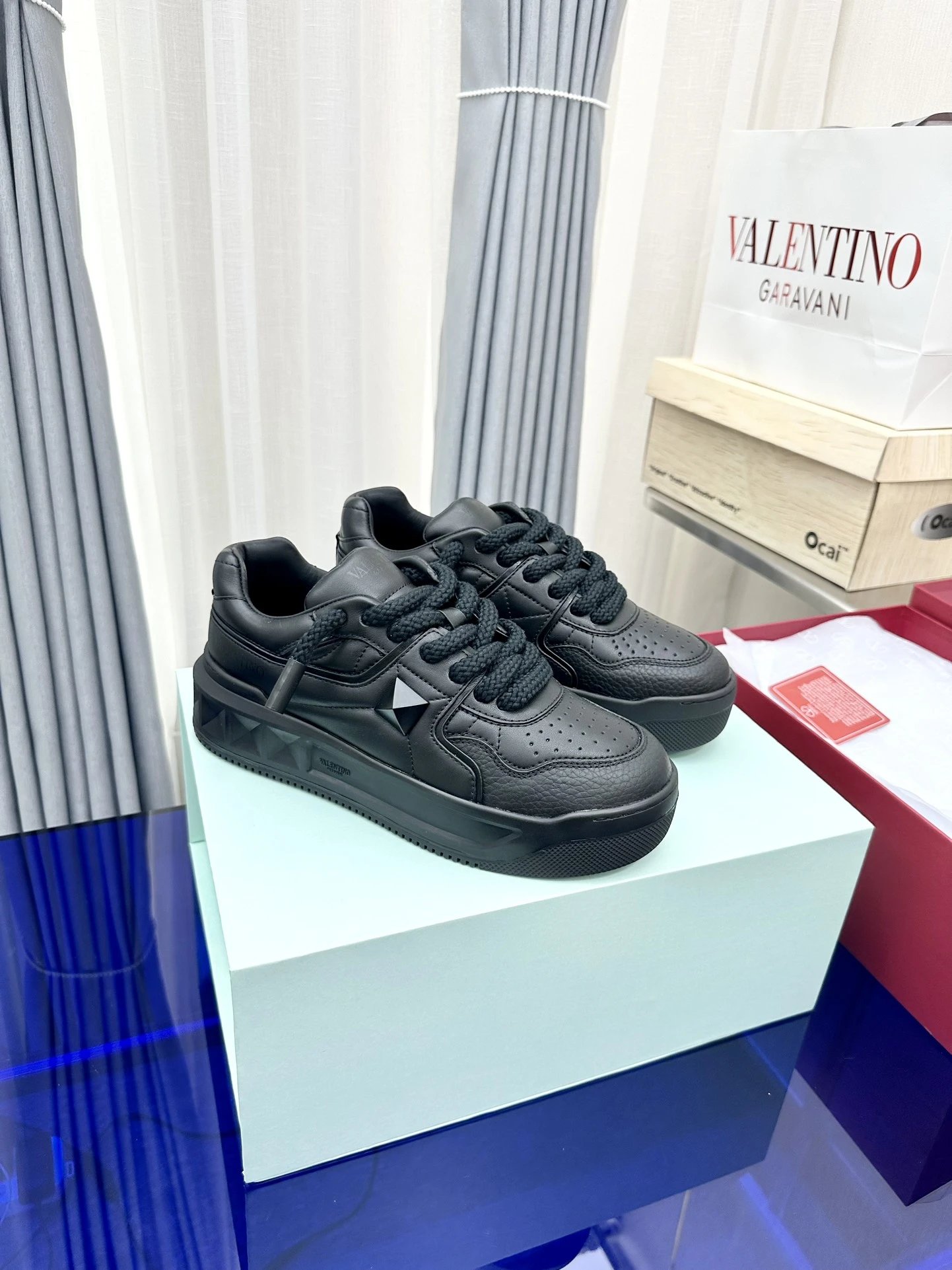 Valentino Garavani Rockstud Denim-Paneled White and Light Blue Sneakers - 15