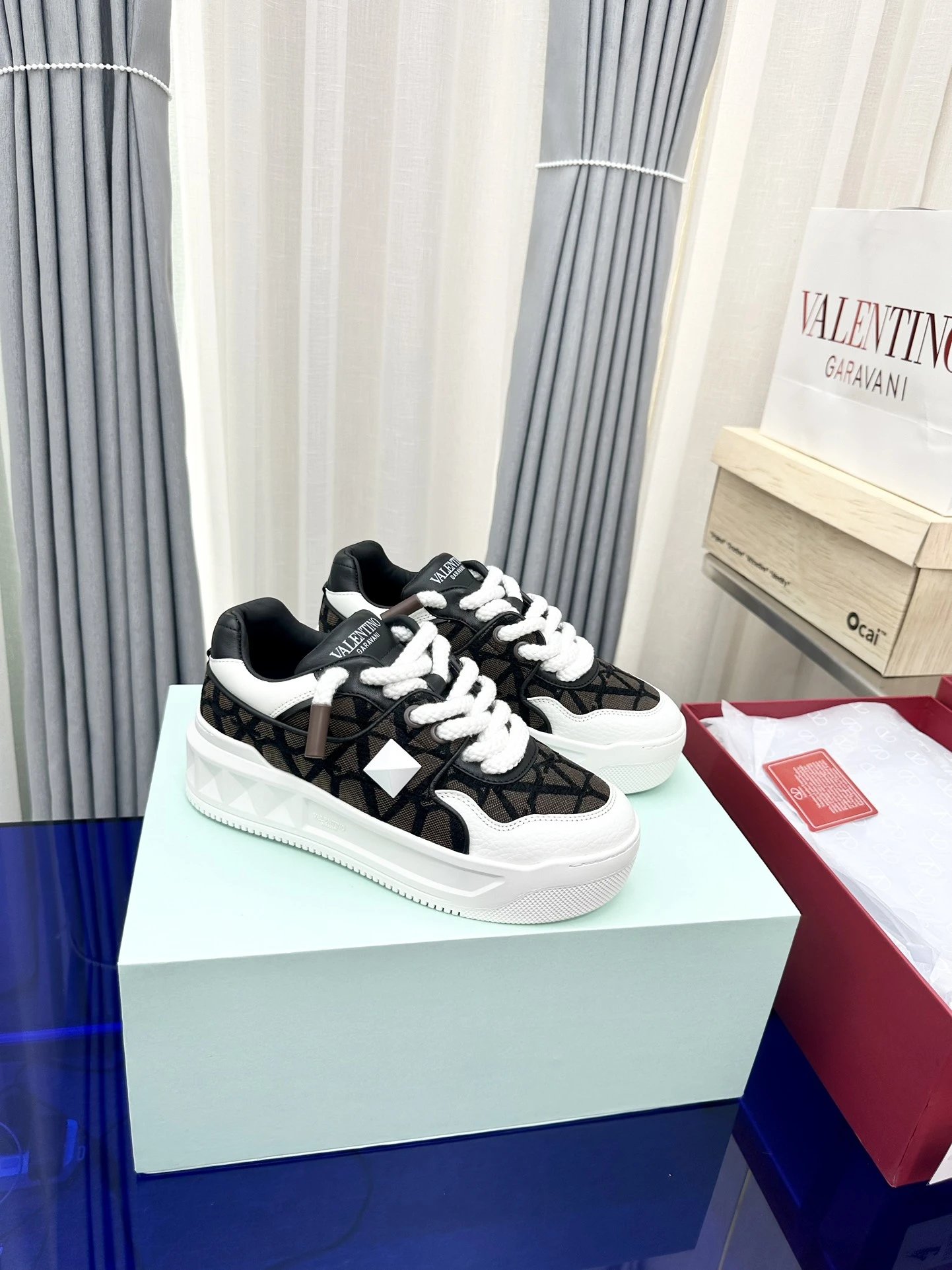Valentino Garavani Rockstud Denim-Paneled White and Light Blue Sneakers - 17