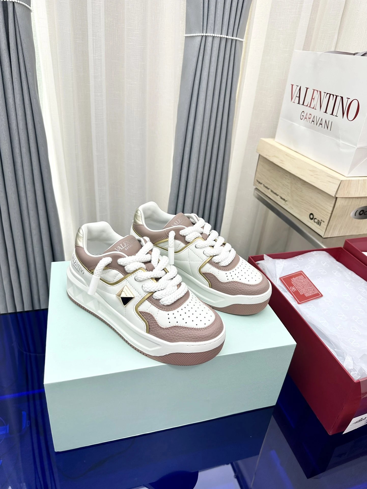 Valentino Garavani Rockstud Denim-Paneled White and Light Blue Sneakers - 16