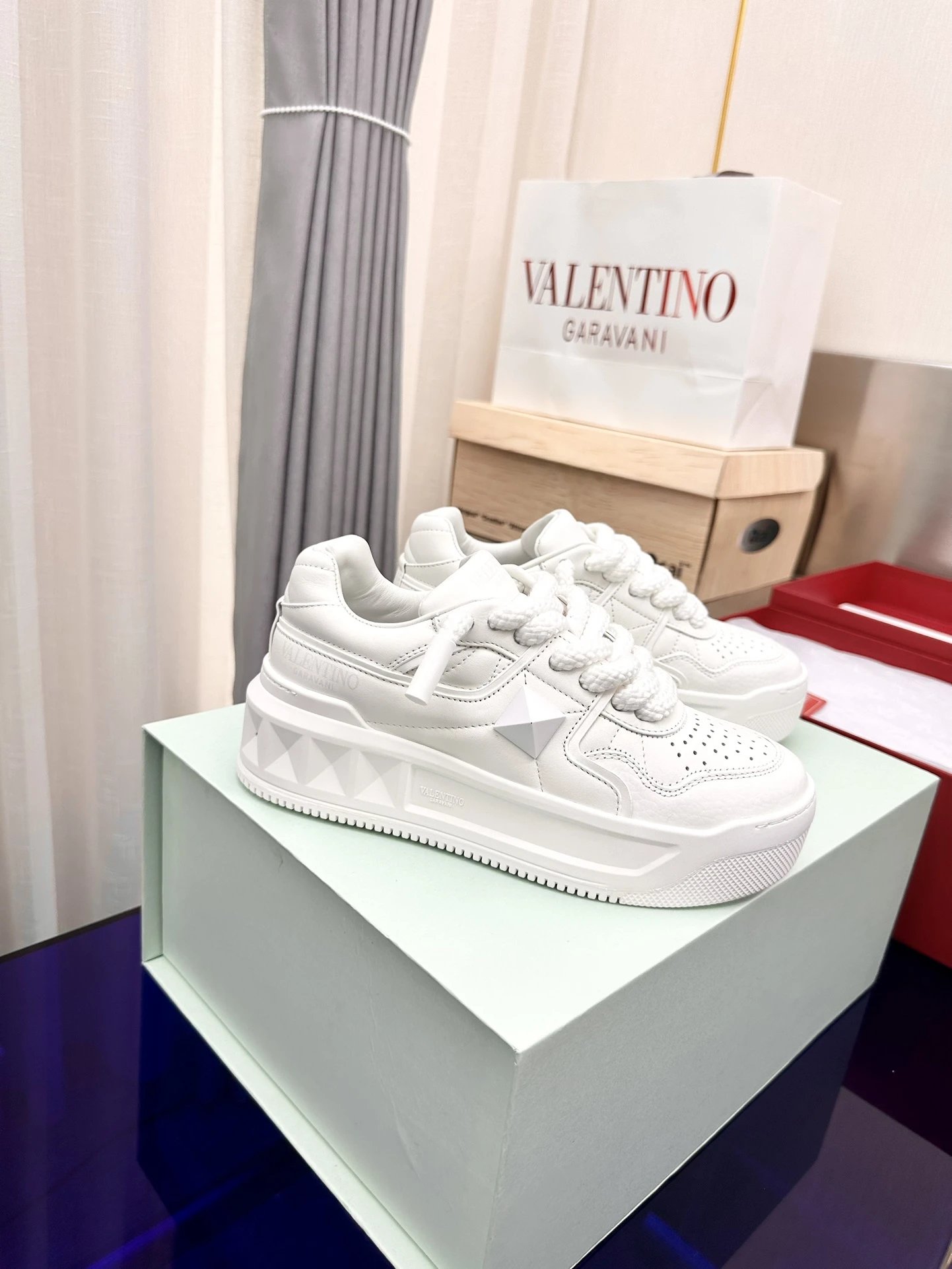 Valentino Garavani Rockstud Denim-Paneled White and Light Blue Sneakers - 14