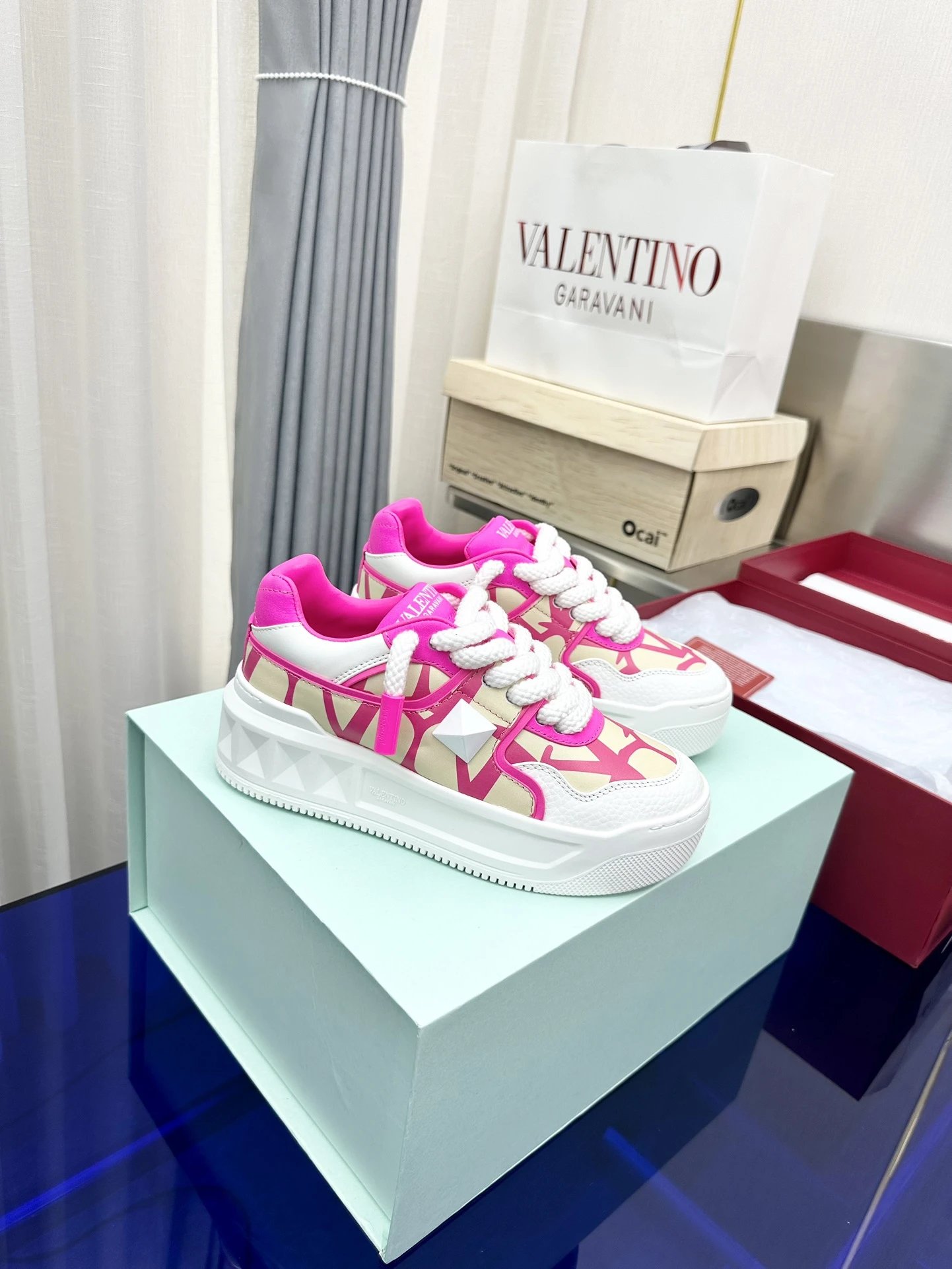 Valentino Garavani Rockstud Denim-Paneled White and Light Blue Sneakers - 12