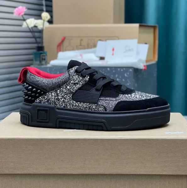 Christian Louboutin Louis Junior Glitter Spike Black Silver Red Sneakers - 1