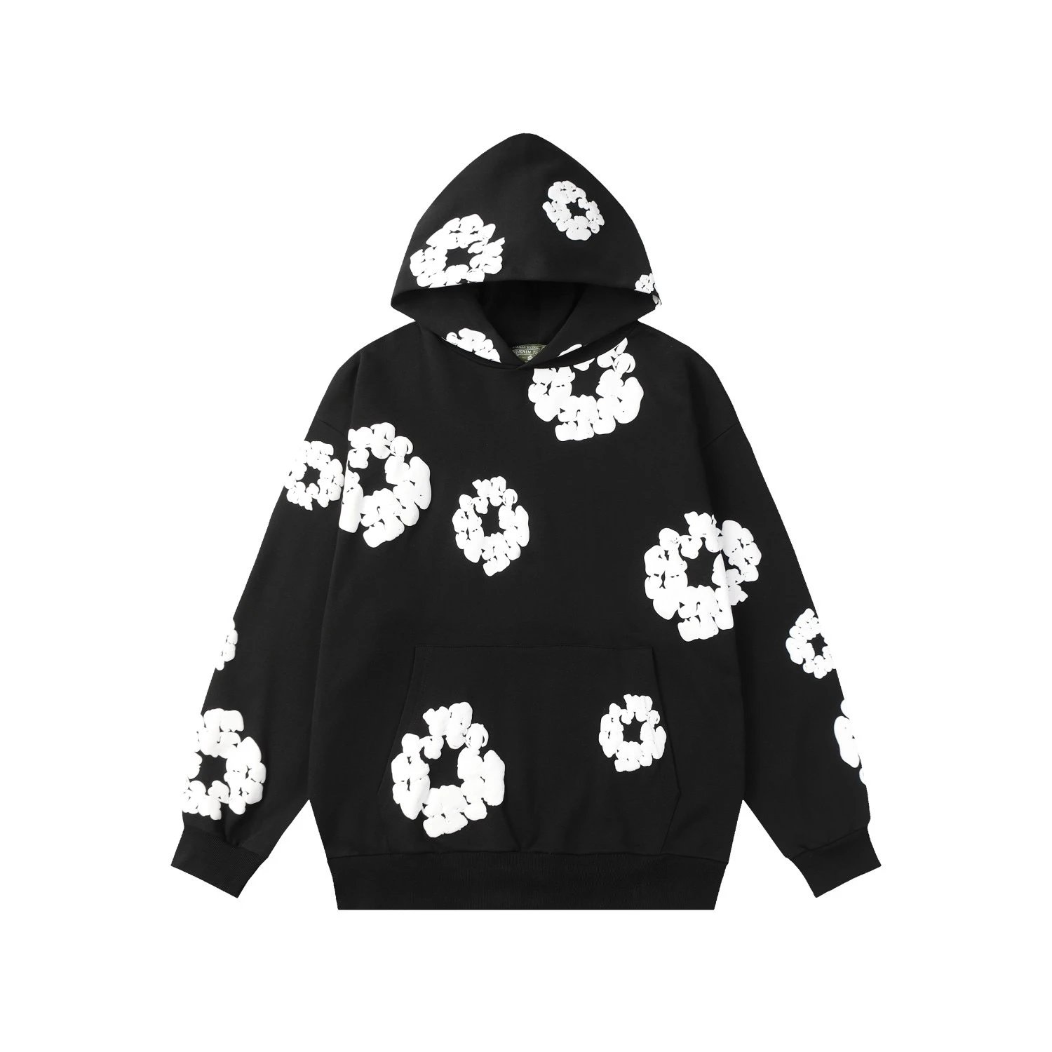 Black Hooded Sweatshirt with White Floral Appliqué