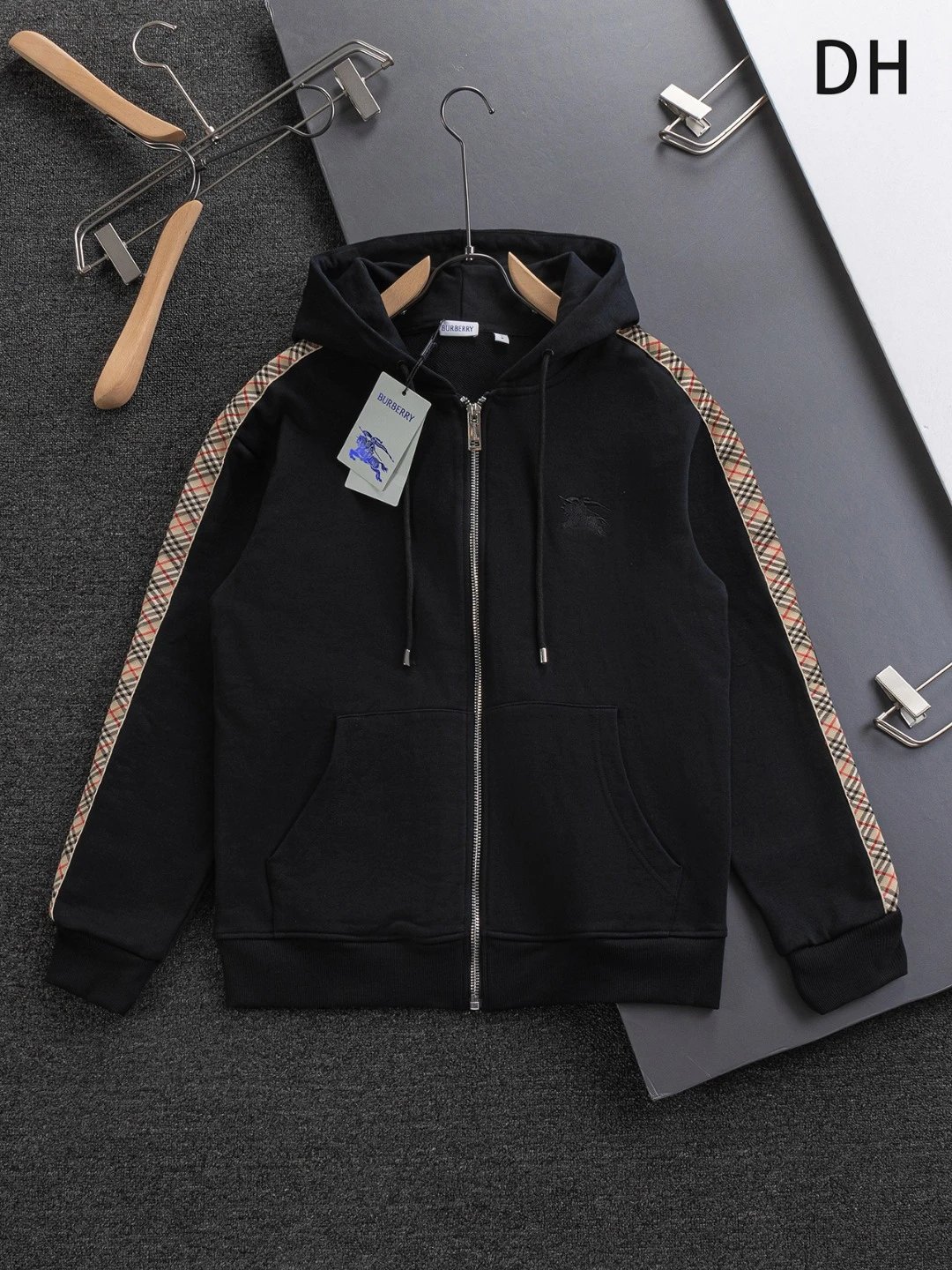 Burberry Hoodies & Sweatshirts Zip-Up Hoodie with Check-Lined Hood and Equestrian Knight Embroidery — 27